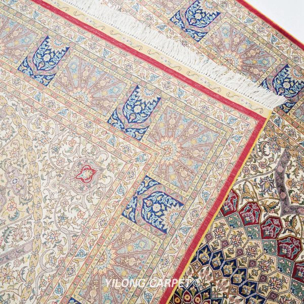 Persian Rug Traditional Dom Design Beige Hand Knotted Silk Rug 6x9ft