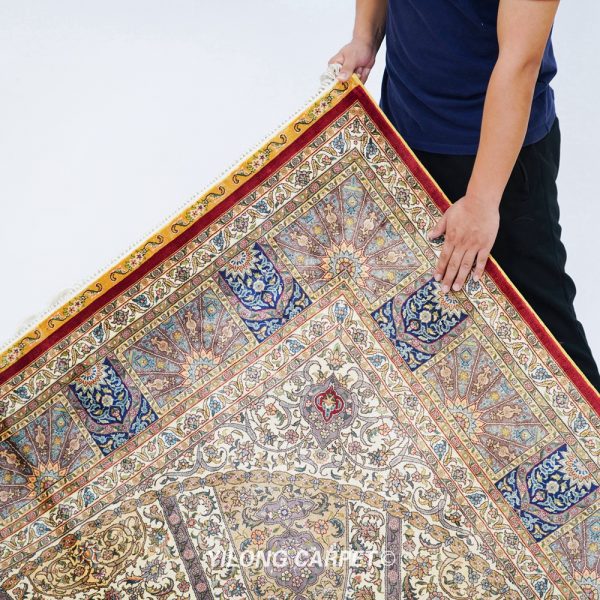Persian Rug Traditional Dom Design Beige Hand Knotted Silk Rug 6x9ft