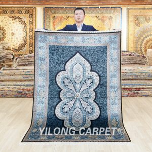 Turkish Rug Dark Blue Handmade Silk Small Rug 4x6ft