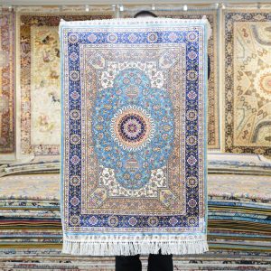 Qum Rug Small Oriental Blue Hand Knotted Silk Rug 2x3ft