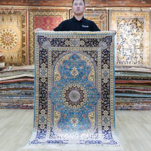 Qum Rug Silk Hand Knottd Oriental Small Blue Carpet 3x5ft