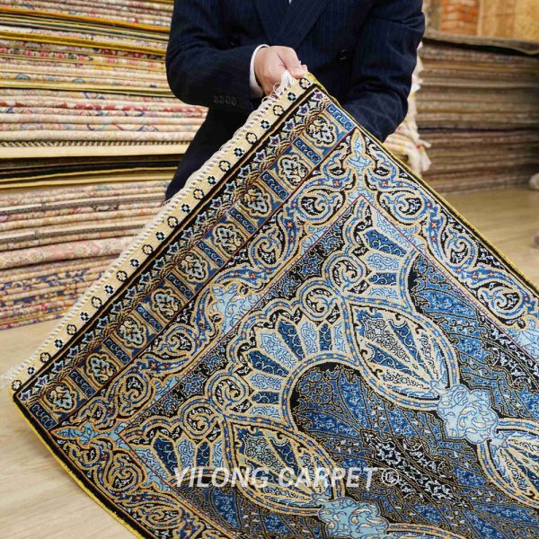 Turkish Rug Small Blue Hand Knotted Silk Oriental Rug 2x3ft
