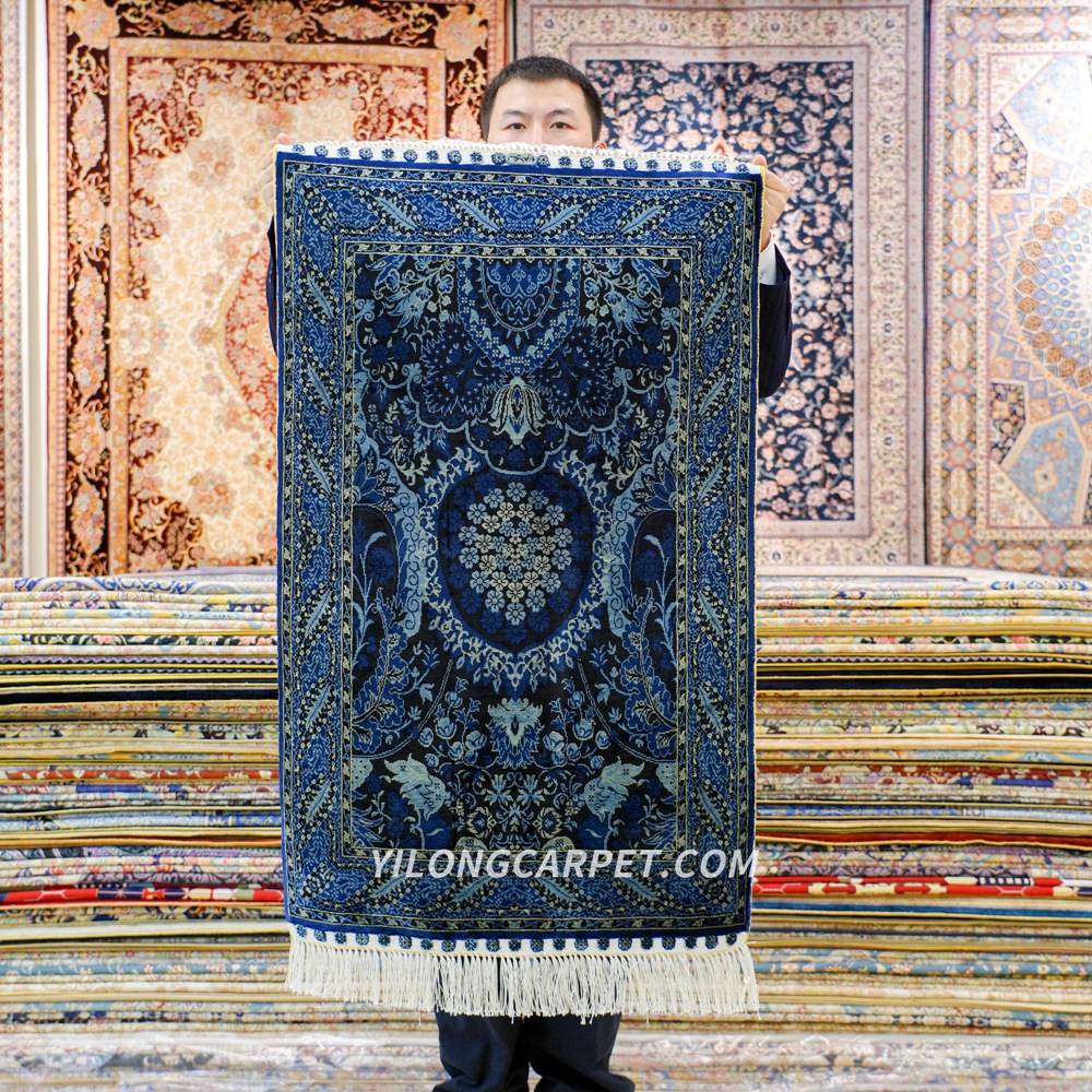 Handmade Rug Small Oriental Turkish Hand Knotted Silk Dark Blue Rug 2x3ft -  Yilong Carpet Factory