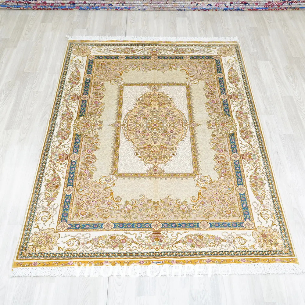 Persian Carpet Beige Handmade Silk Oriental Rug 4.5x6.5ft