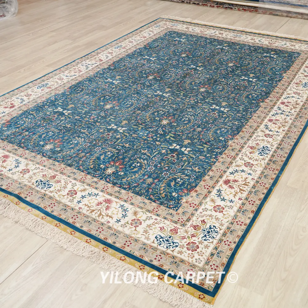 Hereke Carpet Handmade Blue Silk Oriental Rug 6x9ft - Image 4