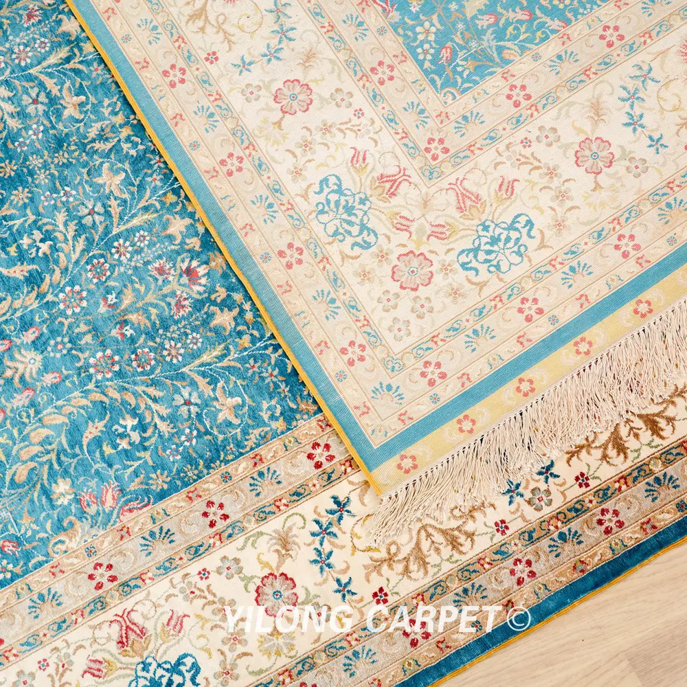 Hereke Carpet Handmade Blue Silk Oriental Rug 6x9ft - Image 7