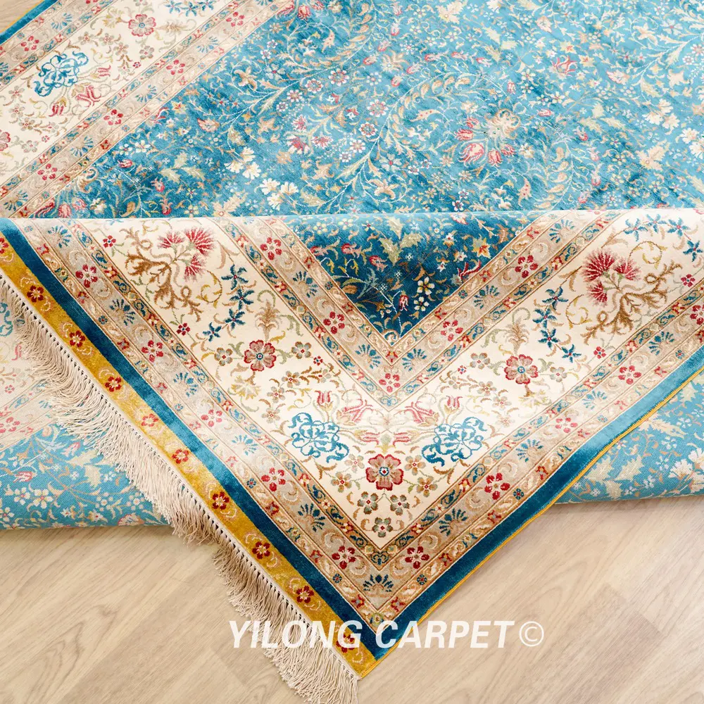 Hereke Carpet Handmade Blue Silk Oriental Rug 6x9ft - Image 8