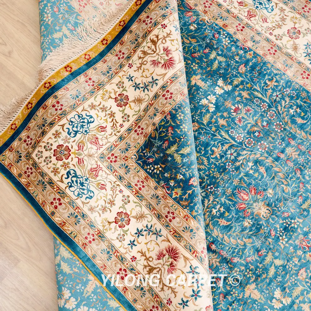 Hereke Carpet Handmade Blue Silk Oriental Rug 6x9ft - Image 9