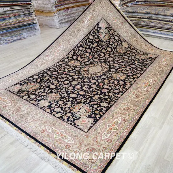 Hand Knotted Turkish Carpet Seven Hills Black Silk Oriental Carpet