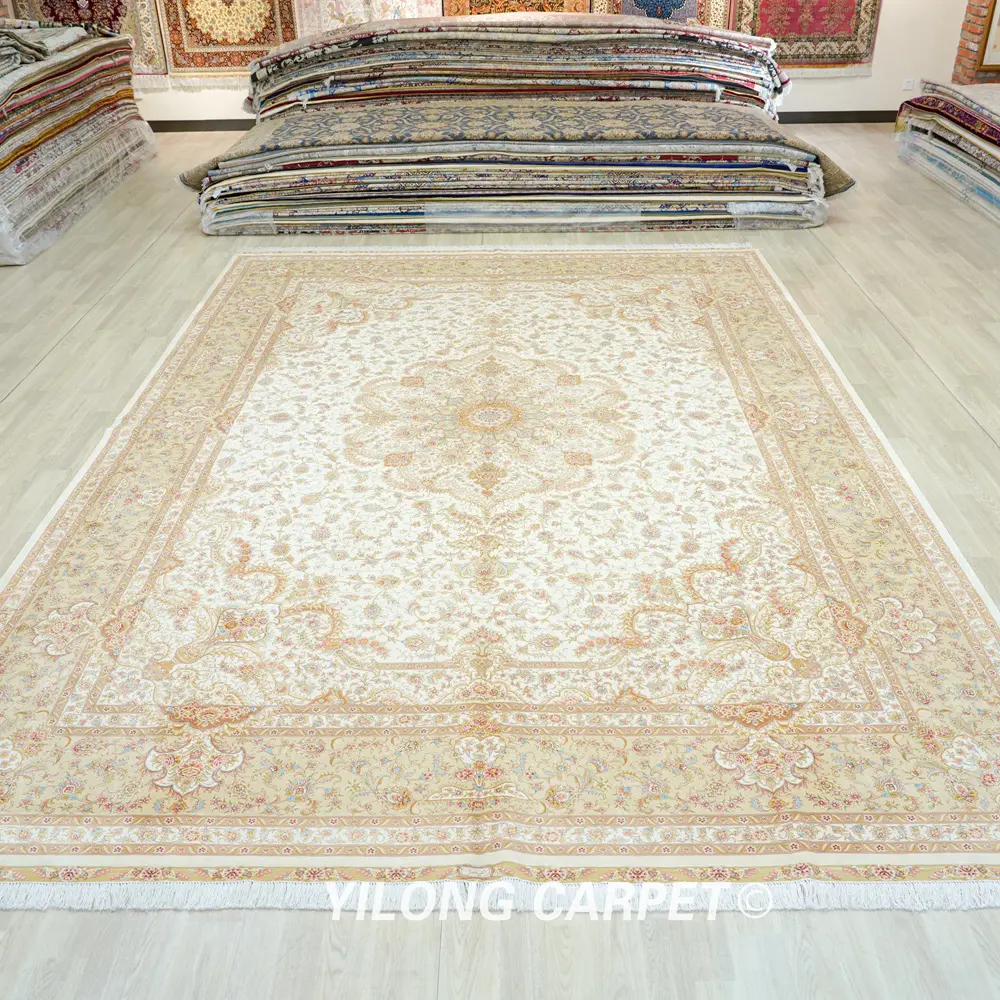 Luxury Hand-Knotted Silk Rug Beige Pure Silk Persian for Living Room 10x14ft - Image 3