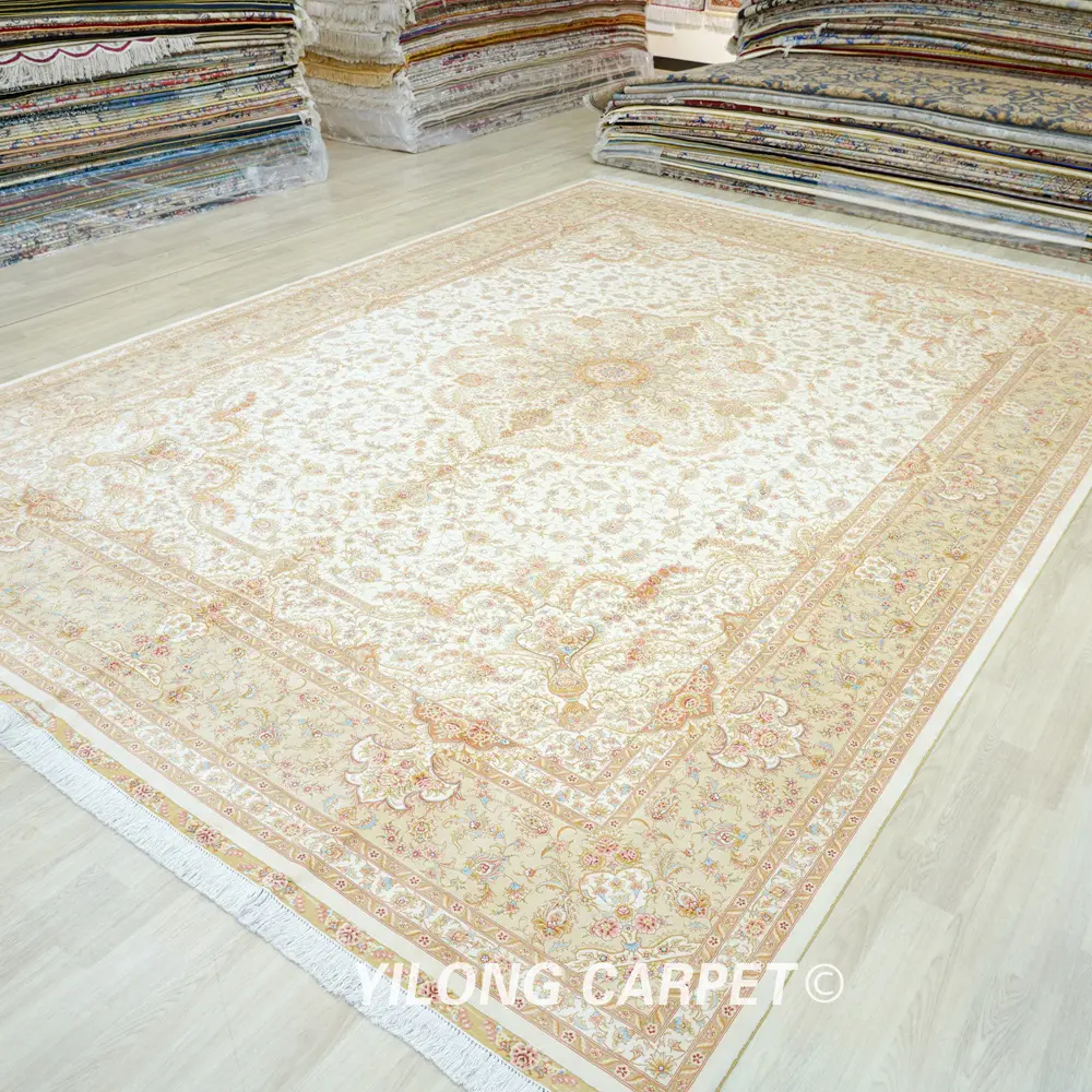 Luxury Hand-Knotted Silk Rug Beige Pure Silk Persian for Living Room 10x14ft - Image 4