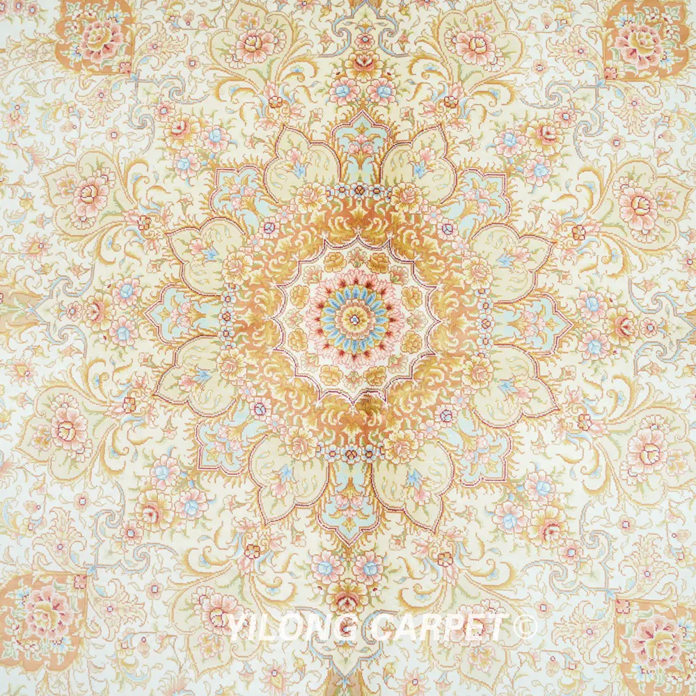 Luxury Hand-Knotted Silk Rug Beige Pure Silk Persian for Living Room 10x14ft - Image 5