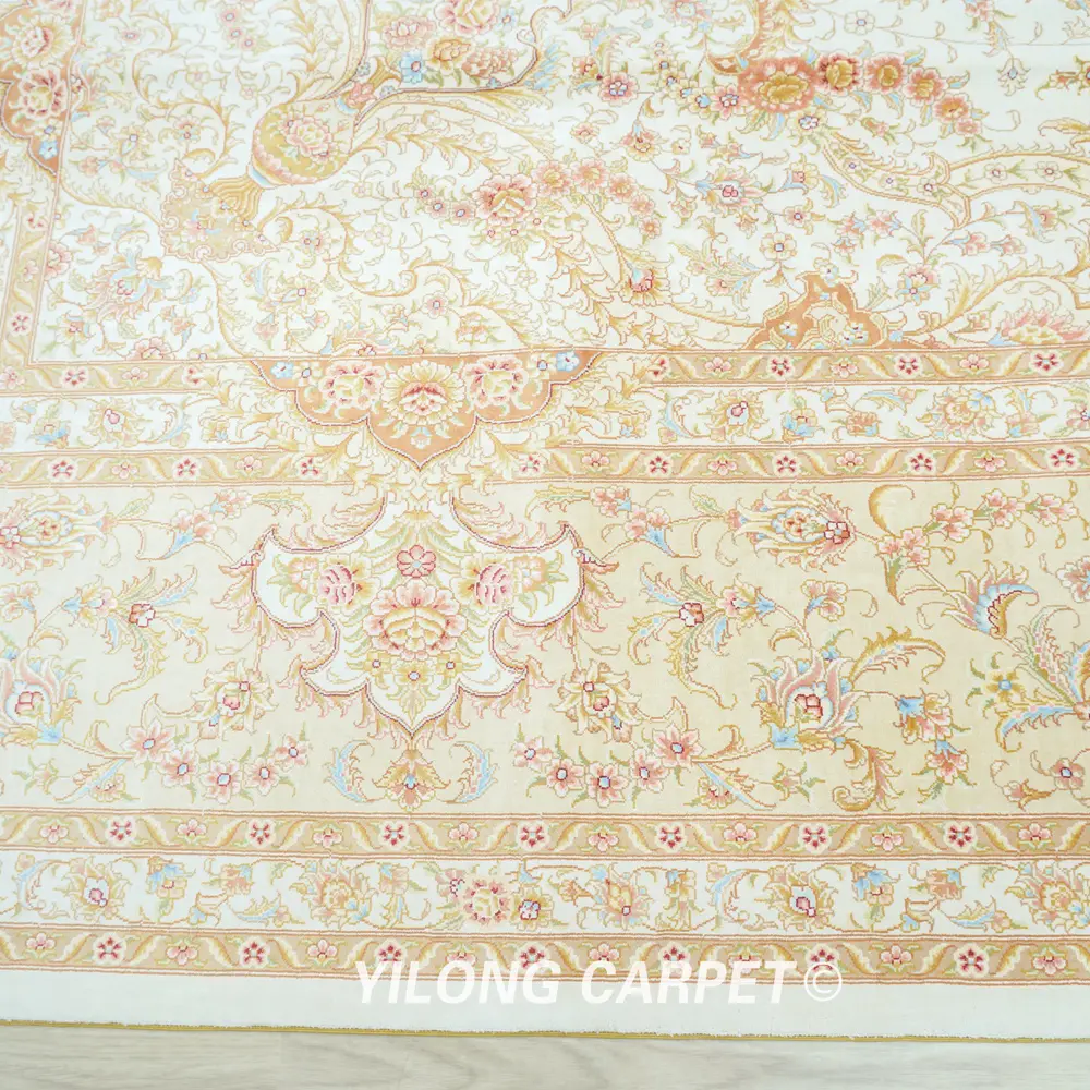 Luxury Hand-Knotted Silk Rug Beige Pure Silk Persian for Living Room 10x14ft - Image 6