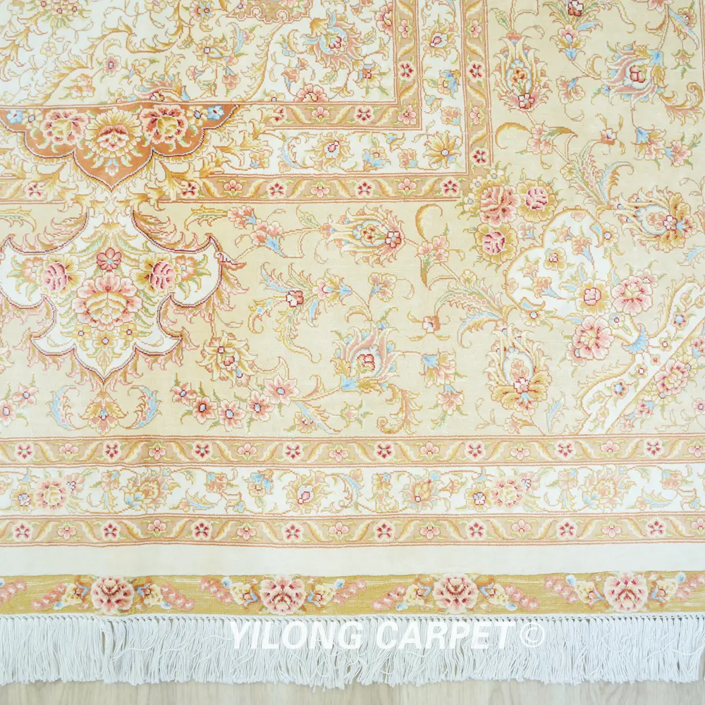 Luxury Hand-Knotted Silk Rug Beige Pure Silk Persian for Living Room 10x14ft - Image 7