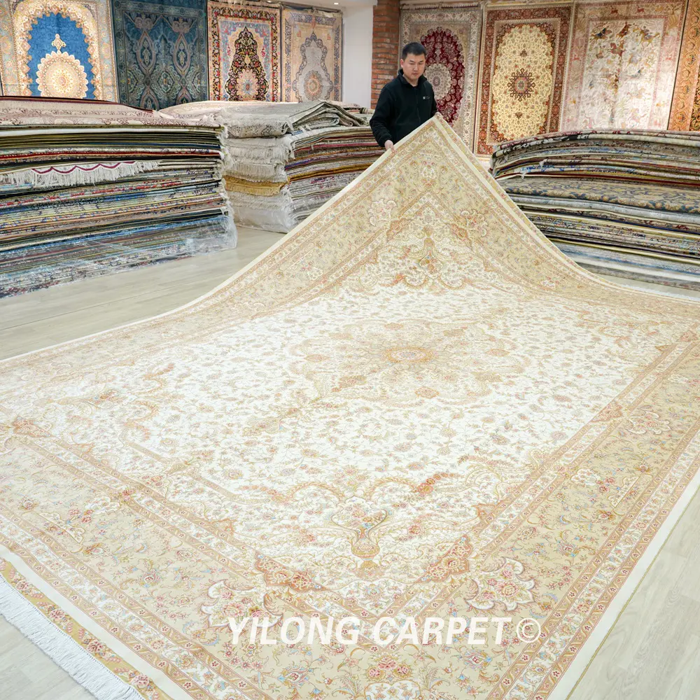 Luxury Hand-Knotted Silk Rug Beige Pure Silk Persian for Living Room 10x14ft - Image 8