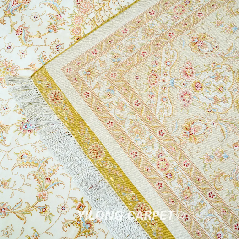 Luxury Hand-Knotted Silk Rug Beige Pure Silk Persian for Living Room 10x14ft - Image 9