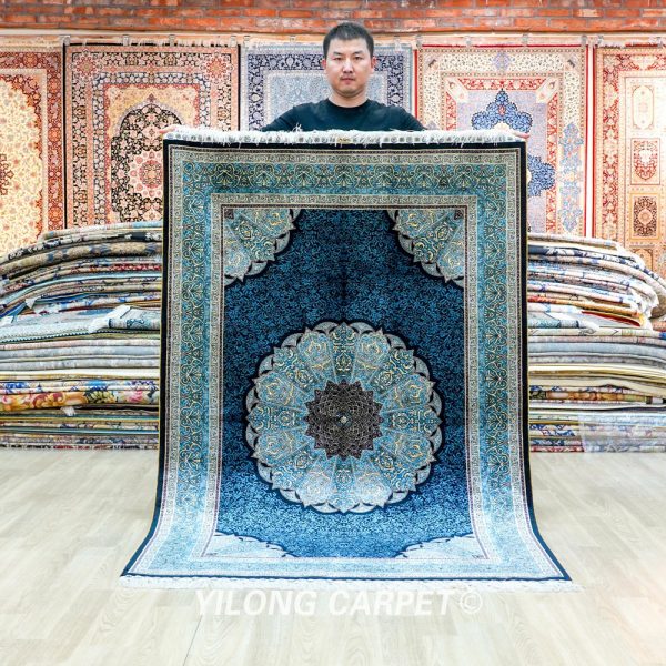 Turkish Rug Dark Blue Handmade Silk Villa Rug 4x6ft