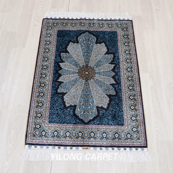 Turkish Rug Small Oriental Blue Hand Knotted Silk Rug 2x3ft
