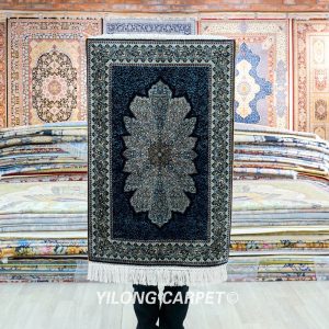 Blue Turkish Rug Small Oriental Hand Knotted Silk Rug 2x4ft