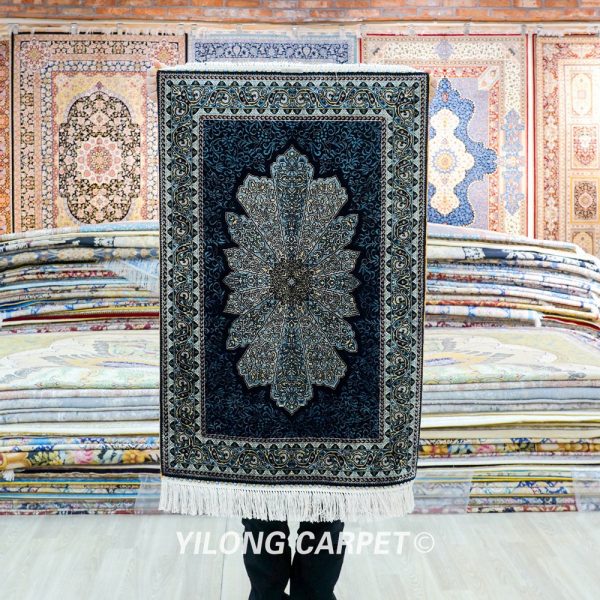 Blue Turkish Rug Small Oriental Hand Knotted Silk Rug 2x4ft