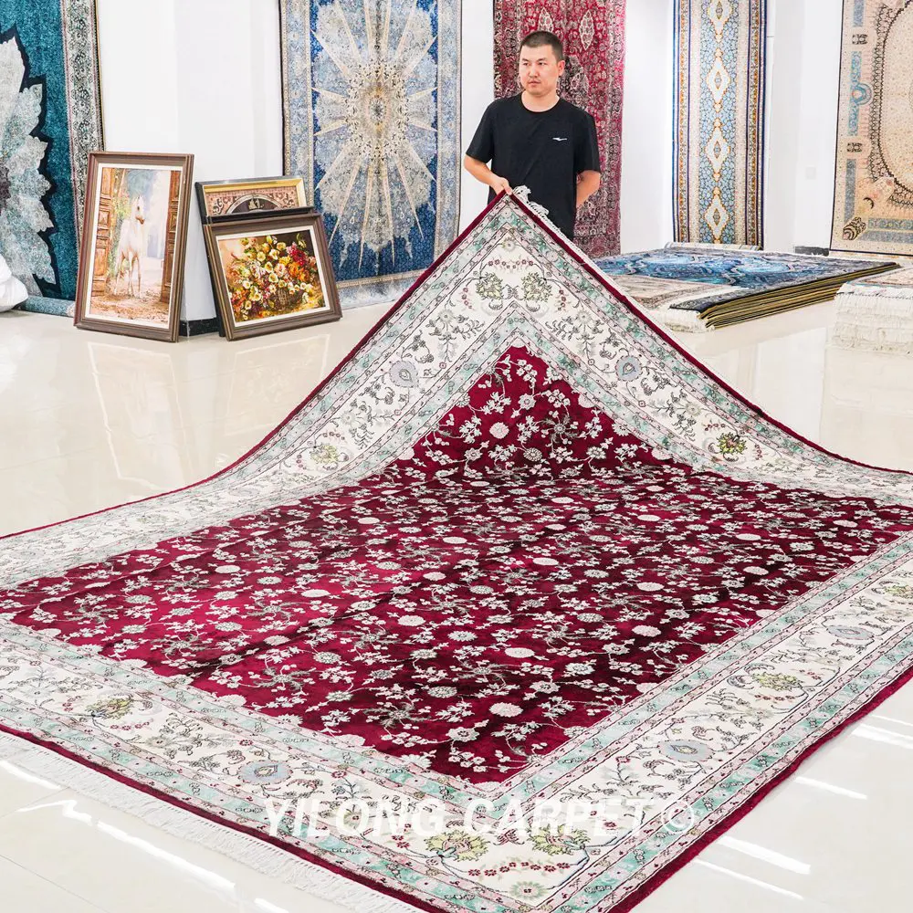 Pakistan Carpet Hand Knotted Silk Classic Red Floral Oriental Carpet 9x12ft - Image 7