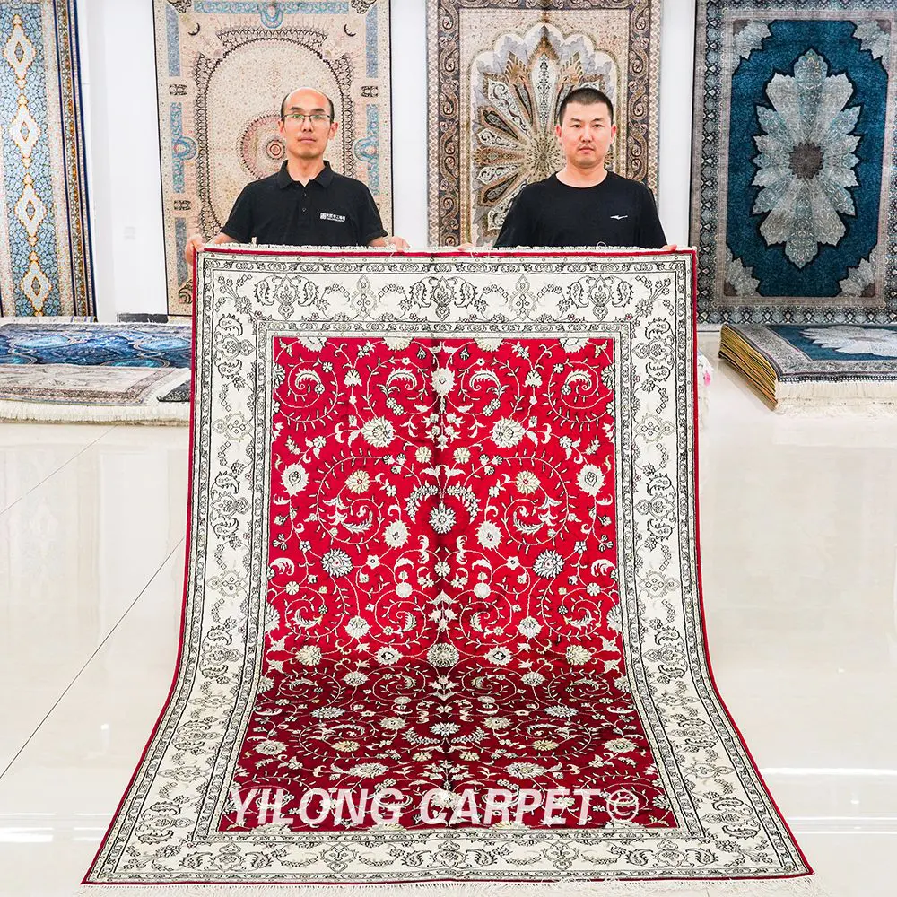 Pakistan Silk Rug Red Hand Knotted Oriental Silk Room Rug 5x8ft