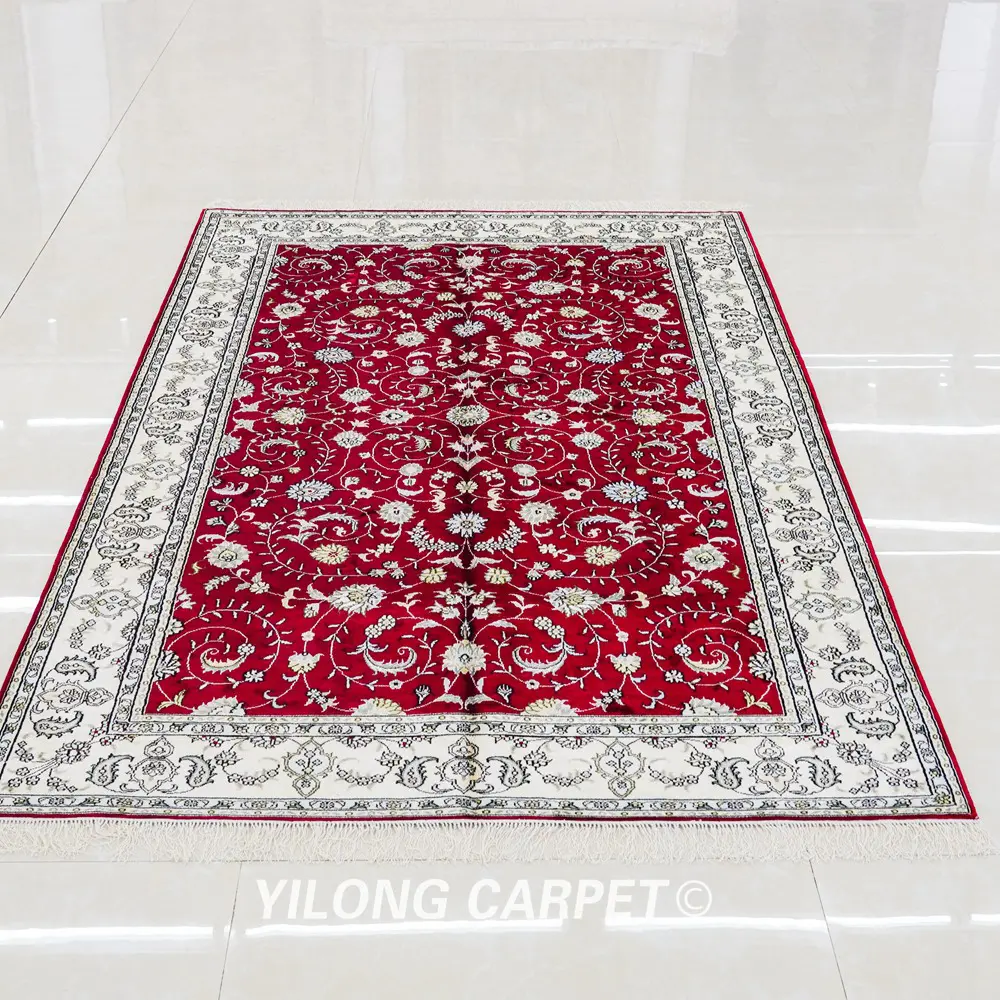 Pakistan Silk Rug Red Hand Knotted Oriental Silk Room Rug 5x8ft - Image 3