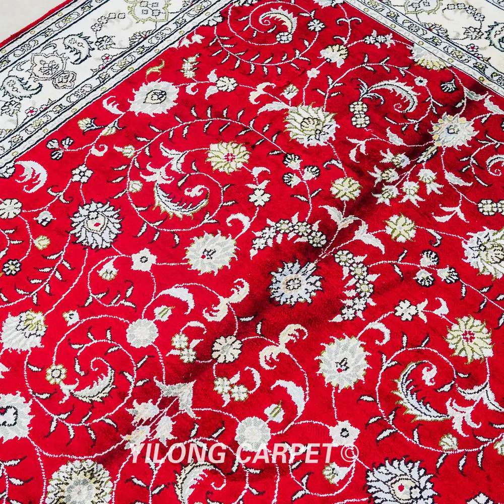 Pakistan Silk Rug Red Hand Knotted Oriental Silk Room Rug 5x8ft - Image 8