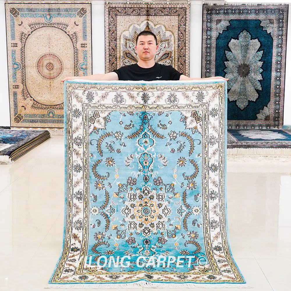 Pakistan Silk Rug Persian Area Silk Handmade Light Blue Rug 4x6ft