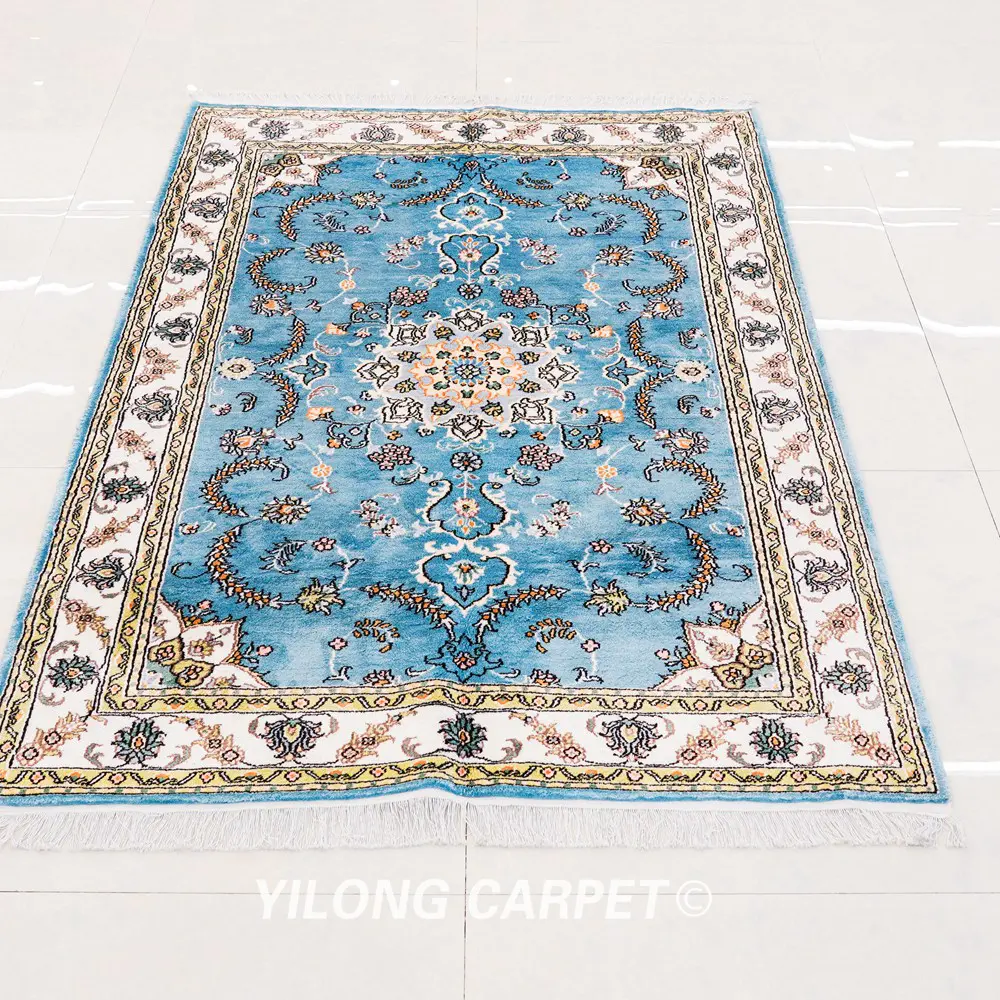 Pakistan Silk Rug Persian Area Silk Handmade Light Blue Rug 4x6ft - Image 3