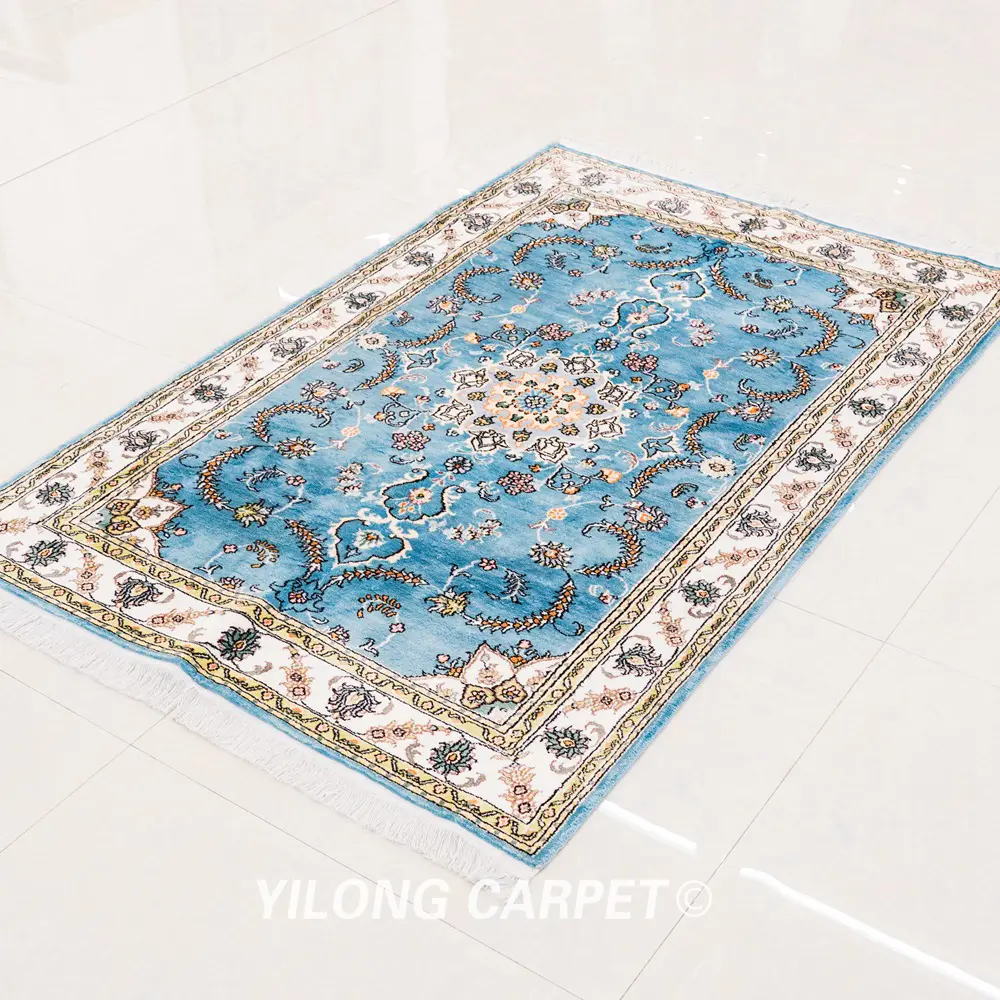 Pakistan Silk Rug Persian Area Silk Handmade Light Blue Rug 4x6ft - Image 4