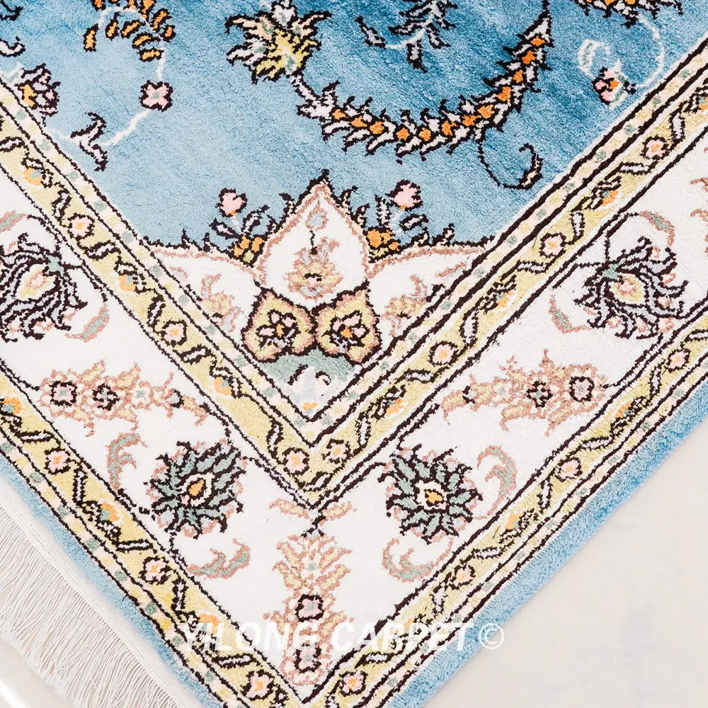 Pakistan Silk Rug Persian Area Silk Handmade Light Blue Rug 4x6ft - Image 5