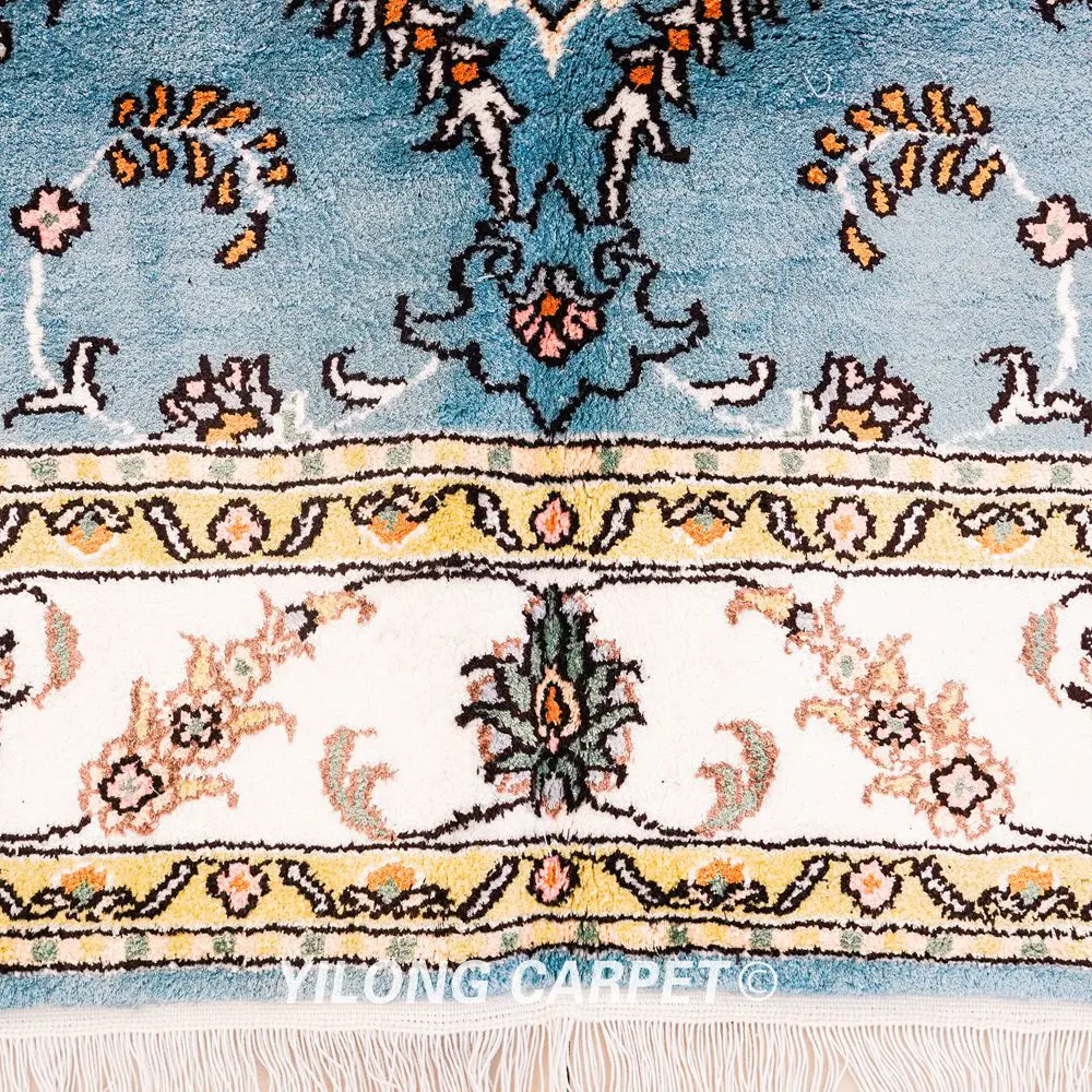 Pakistan Silk Rug Persian Area Silk Handmade Light Blue Rug 4x6ft - Image 6