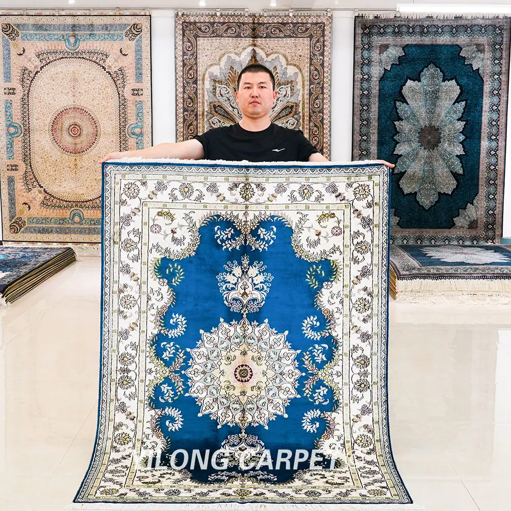 Pakistan Silk Rug Blue Persian Area Silk Handmade Rug 4x6ft