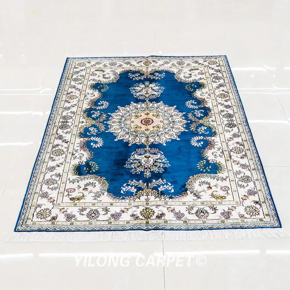 Pakistan Silk Rug Blue Persian Area Silk Handmade Rug 4x6ft - Image 3