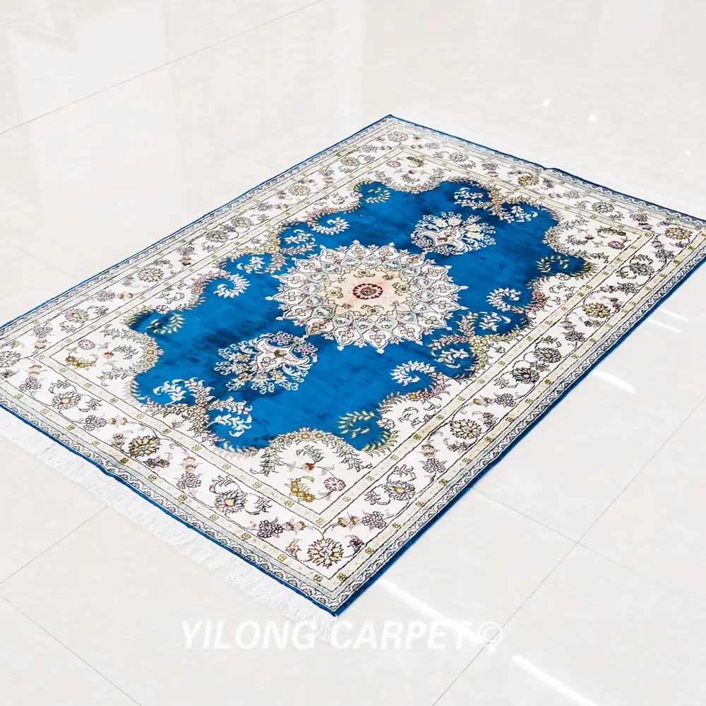 Pakistan Silk Rug Blue Persian Area Silk Handmade Rug 4x6ft - Image 4