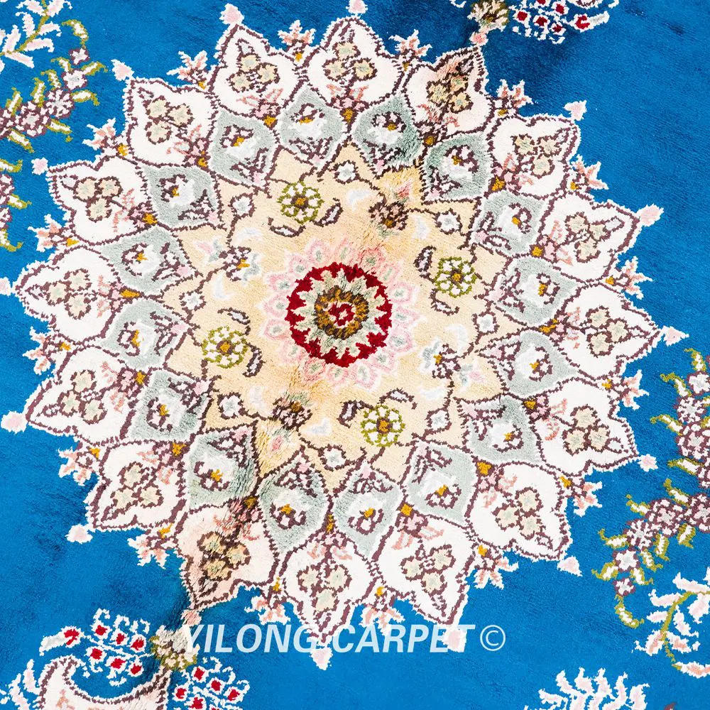 Pakistan Silk Rug Blue Persian Area Silk Handmade Rug 4x6ft - Image 8