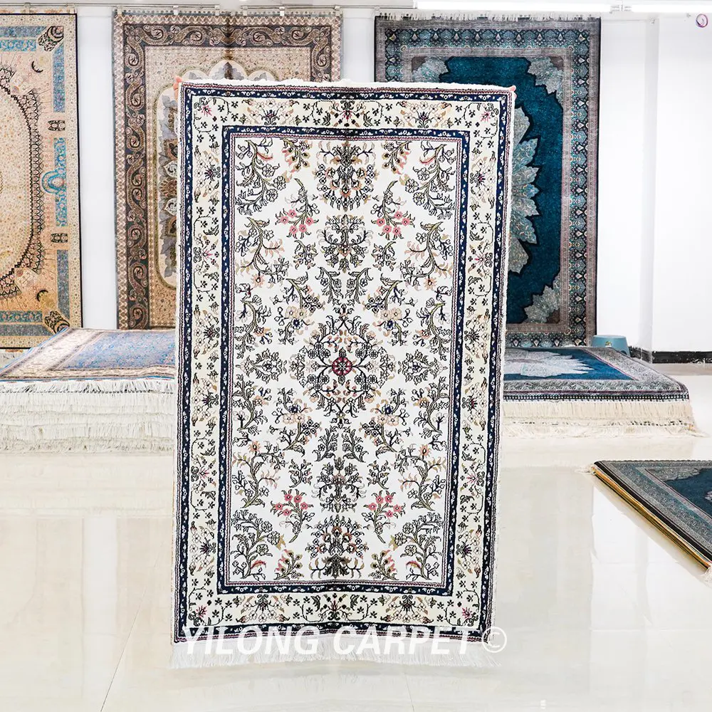 Pakistan Silk Rug Handmade Beige Floral Persian Rug  3x5ft