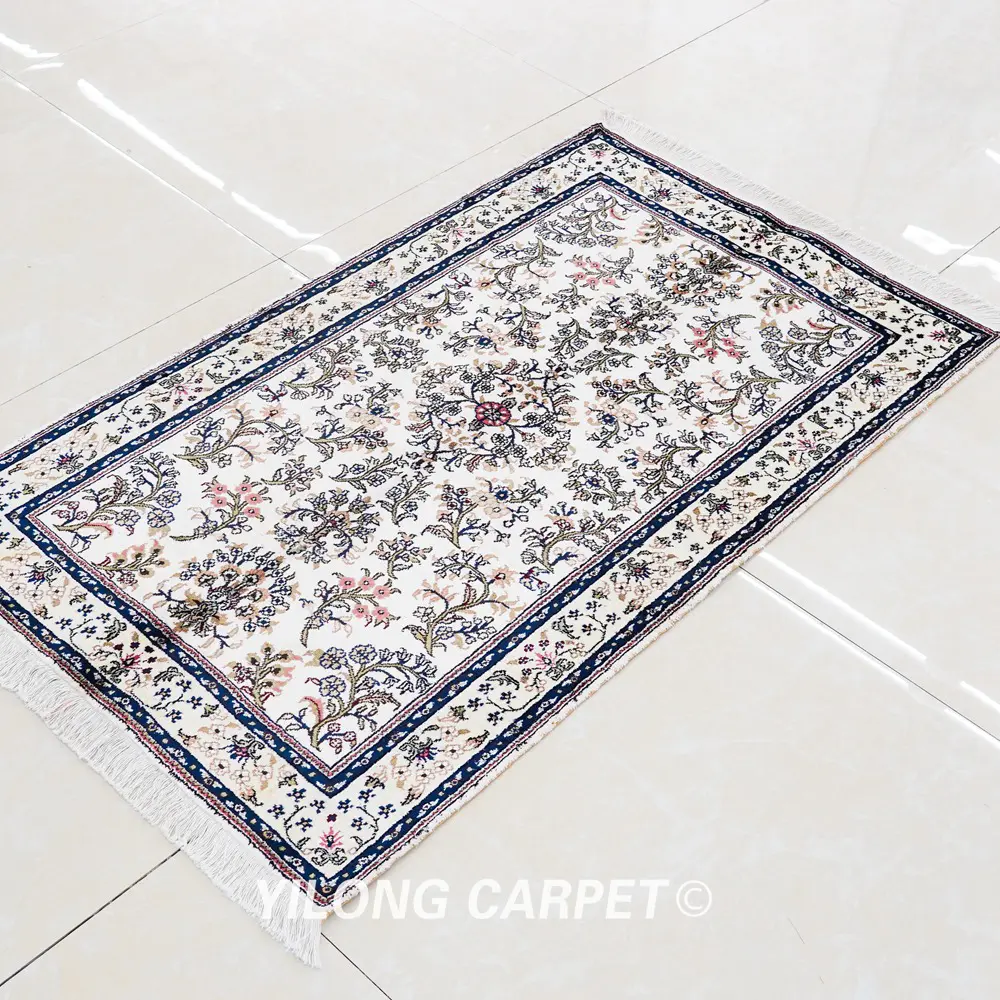 Pakistan Silk Rug Handmade Beige Floral Persian Rug  3x5ft - Image 4
