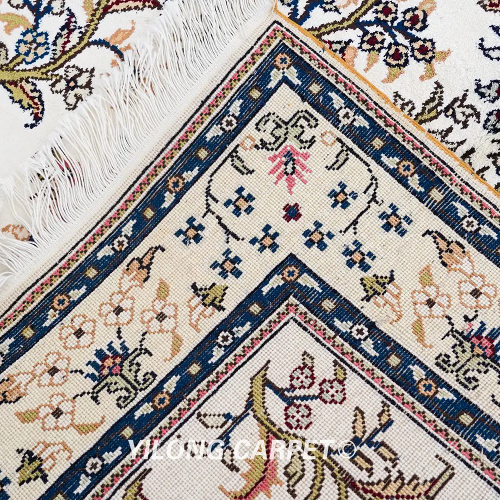 Pakistan Silk Rug Handmade Beige Floral Persian Rug  3x5ft - Image 9