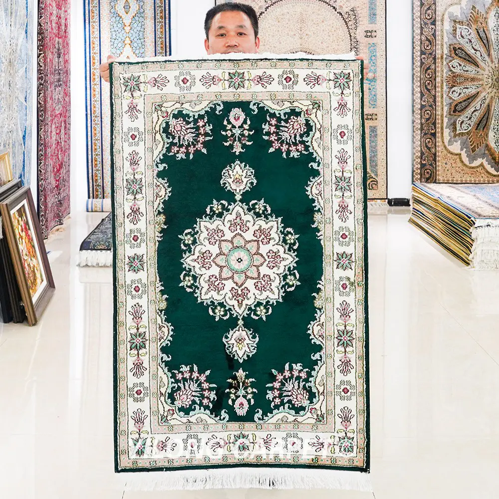 Pakistan Rug Silk Hand Knotted Green Oriental Carpet 2.5x4ft