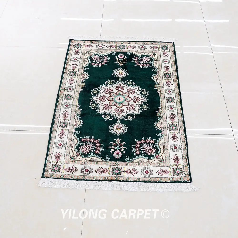 Pakistan Rug Silk Hand Knotted Green Oriental Carpet 2.5x4ft - Image 3