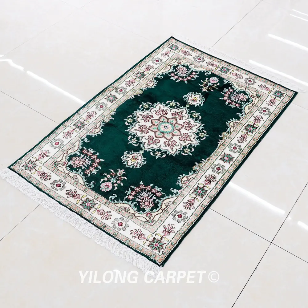 Pakistan Rug Silk Hand Knotted Green Oriental Carpet 2.5x4ft - Image 4