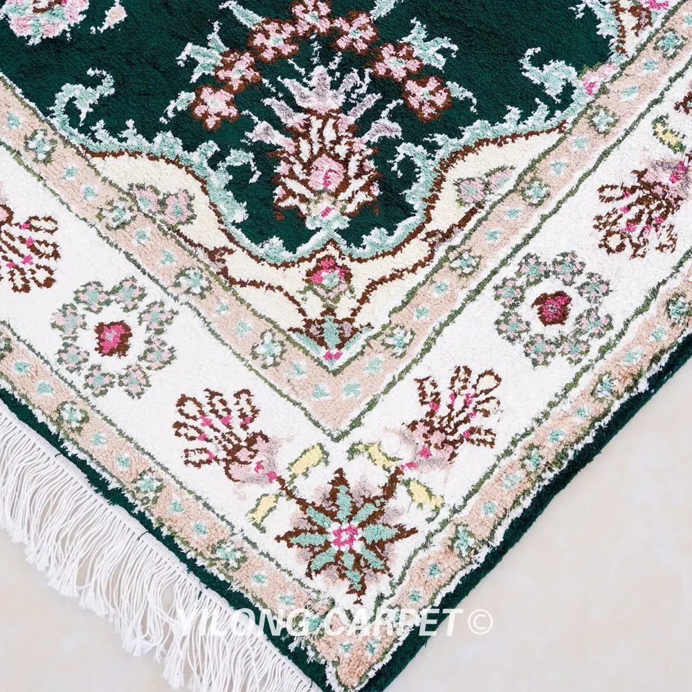 Pakistan Rug Silk Hand Knotted Green Oriental Carpet 2.5x4ft - Image 5