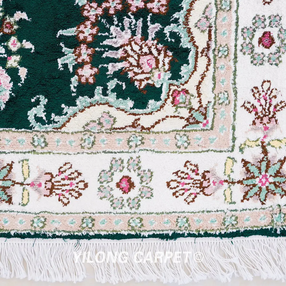 Pakistan Rug Silk Hand Knotted Green Oriental Carpet 2.5x4ft - Image 6