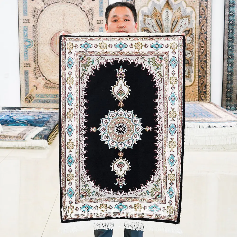 Pakistan Silk Rug Black Persian Hand Knotted Silk Rug 2x3ft