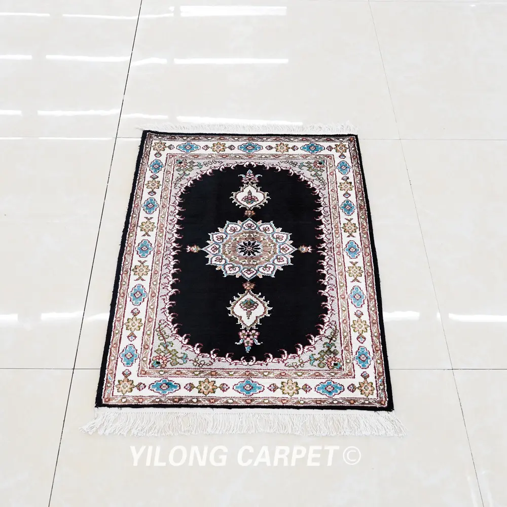 Pakistan Silk Rug Black Persian Hand Knotted Silk Rug 2x3ft - Image 3