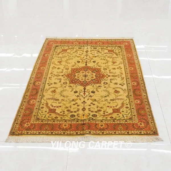 Traditional Persian Golden Wool Rug Silk Handmade Area Oriental