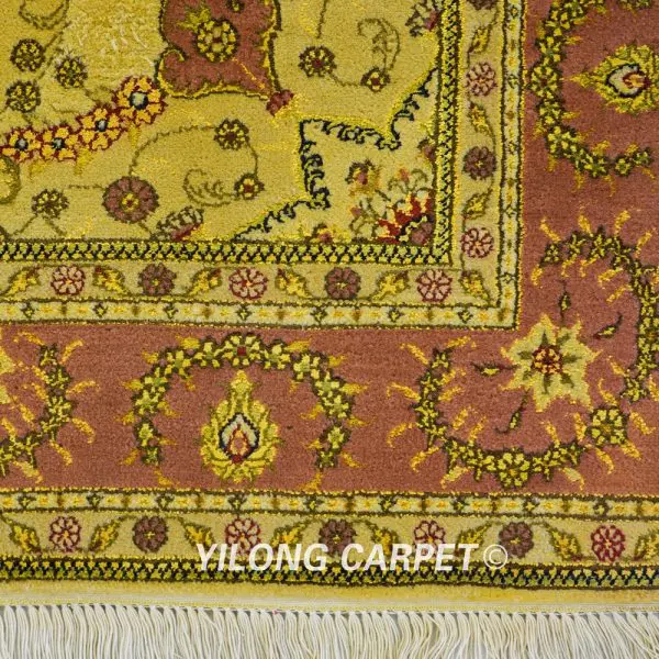 Traditional Persian Golden Wool Rug Silk Handmade Area Oriental