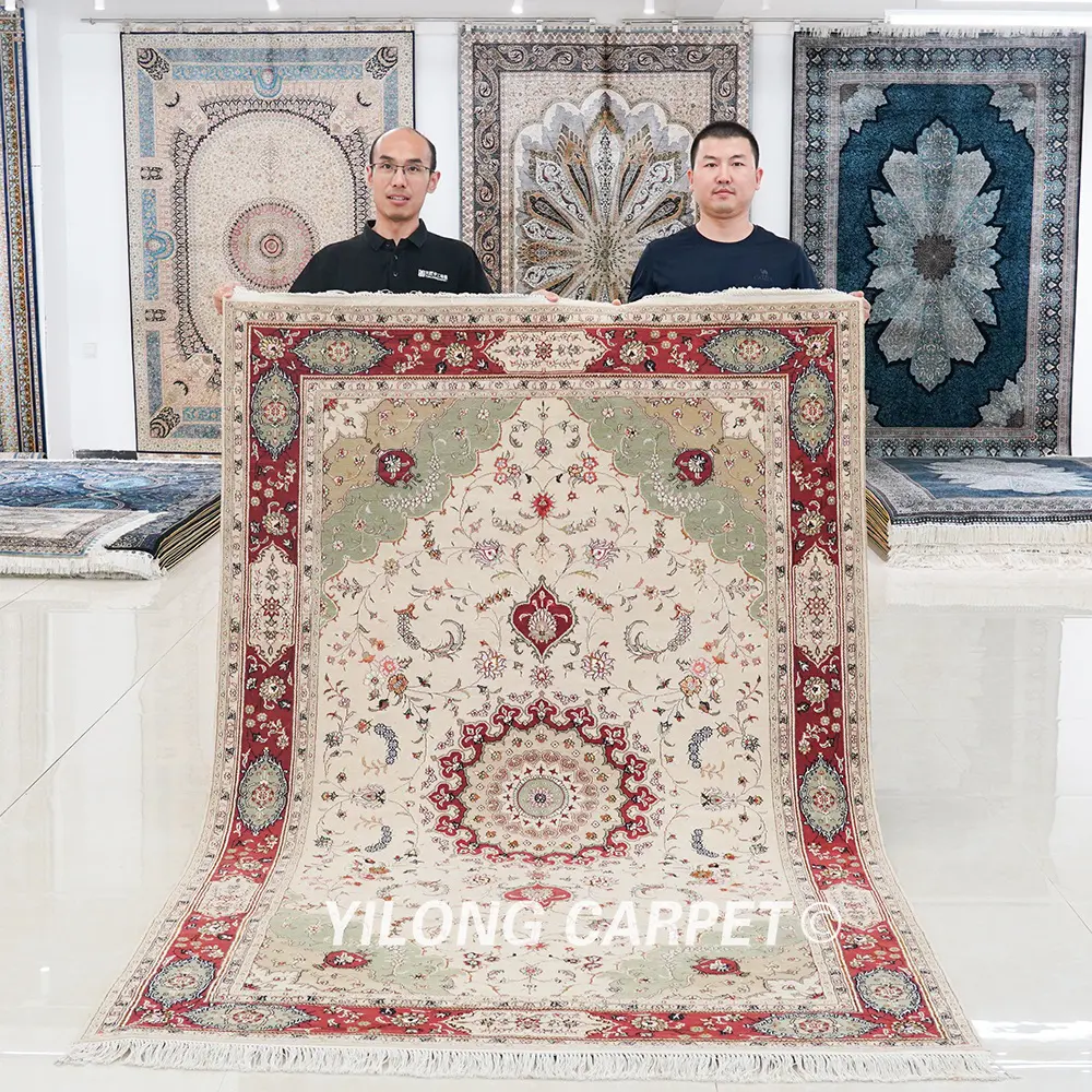 Persian Isfahan Wool Rug Silk Handmade Traditional Beige Area Carpet 5x8ft